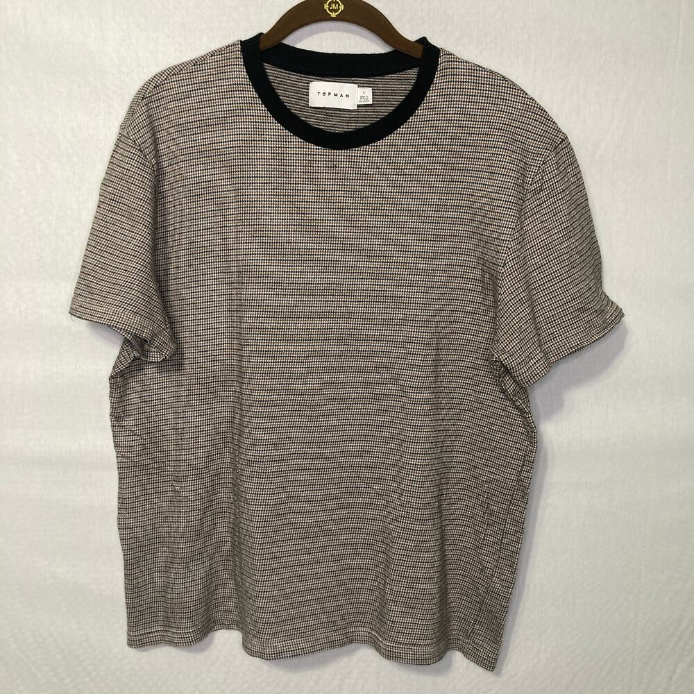 Topman Men’s L Black-Collar Micro-Houndstooth Tee 100% Cotton Retro Minimalist
